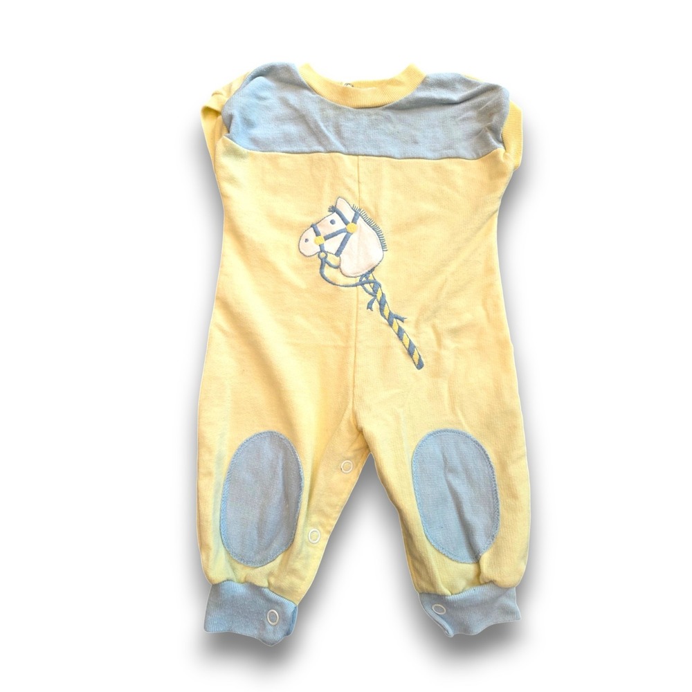 Vintage 80s Buster Brown Romper Sleeper Blue Yellow Horse Applique Infant 3-6m